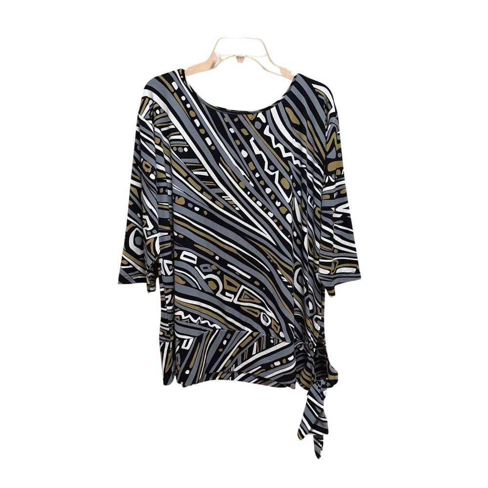 Bob Mackie Wearable Art Abstract Print Tie Hem Top Lagenlook Jersey Knit Flowy